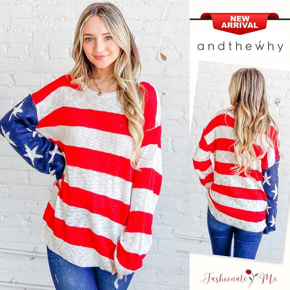 And The Why American Flag Pattern Long Sleeves Oversized Pullover Sweater | Red - Picture 1 of 9